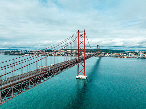 Panoramic photograph of the 25 de Abril bridge in the city of Lisbon over the Tajo River.