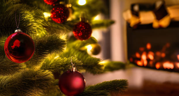 istock Illuminated Christmas Tree with Decorations and Fireplace in Background 1447522967