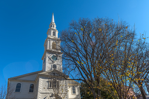 Providence, Rhode Island, USA- November 22, 2022: The First Baptist Church in America, also known as The First Meetinghouse, is the First Baptist Church of Providence, Rhode Island is the first Baptist church in America. It is also the oldest Baptist church congregation in the United States, It was founded by Roger Williams in Providence, Rhode Island in 1638. The present church building was erected in 1774-1775 and held its first meetings in May 1775. The 185-foot steeple was added soon after.