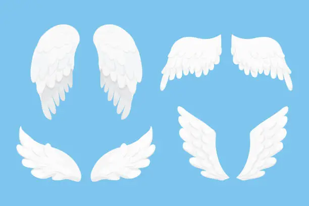 Vector illustration of Set Angel wings white in cartoon style isolated on blue background, design element for decoration. Vector illustration