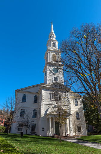 Providence, Rhode Island, USA- November 22, 2022: The First Baptist Church in America, also known as The First Meetinghouse, is the First Baptist Church of Providence, Rhode Island is the first Baptist church in America. It is also the oldest Baptist church congregation in the United States, It was founded by Roger Williams in Providence, Rhode Island in 1638. The present church building was erected in 1774-1775 and held its first meetings in May 1775. The 185-foot steeple was added soon after.