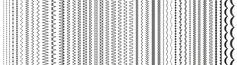 Seamless embroidery stitches big collection. Overlock fabric brushes. Set of machine thread sew elements. Sewing seams. Vector. Outline border isolated on white background. Simple graphic illustration