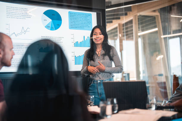 istock Cheerful Female CEO Explaining Ideas with Graphs at the Office 1447526494