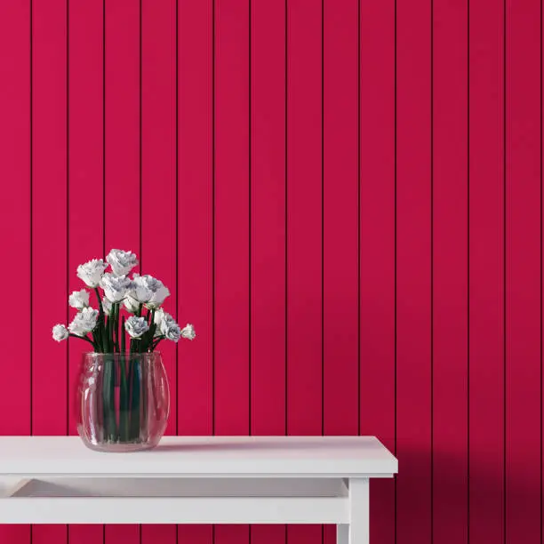Viva Magenta Red wall color flower and cabinat interior 2023 - 3D rendering