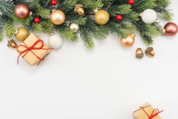 istock Christmas composition. festive decor on white background. Copy space, flat lay, top view. 1447532669