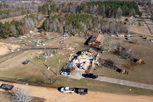 Steens, MS - November 30, 2022: Tornado damage aftermath to homes and property