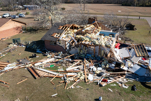 Steens, MS - November 2022: Tornado damage aftermath to homes and property