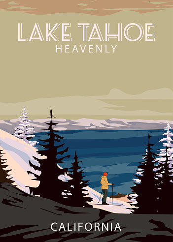 Ski Travel resort poster vintage Lake Tahoe. California USA winter landscape travel card, skier, view on the snow mountain, vintage. Vector illustration