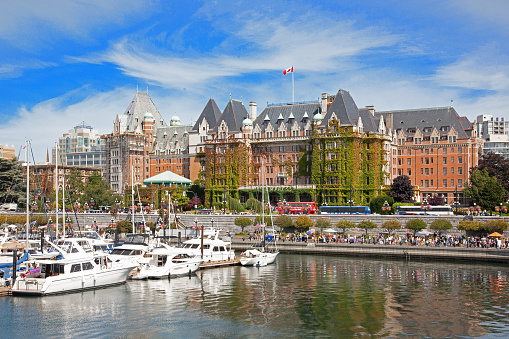 The famous Fairmont Empress Hotel in Victoria, Canada.\nThe Empress, is one of the oldest hotels in Victoria, British Columbia. Built in 1908 Incorporating elements of French Renaissance architecture.