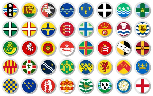 Vector illustration of round icon set. england county flag set. vector illustration