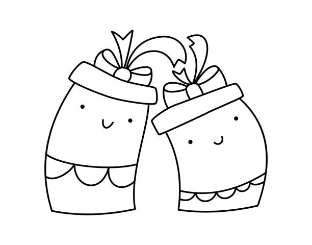 illustrations, cliparts, dessins animés et icônes de ligne vectorielle illustration de noël couple de boîtes cadeaux souriantes d’amour heureux. paire d’éléments à motifs mignons pour le design hivernal. concept de joie et de famille. style doodle - pair couple love humor