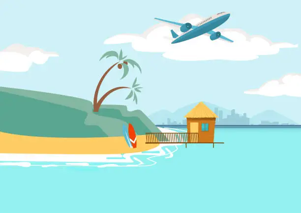 Vector illustration of Summer travel at island, beach with sea water, vector illustration, resort at ocean nature, tropical tourism with bungalow, holiday vacation.