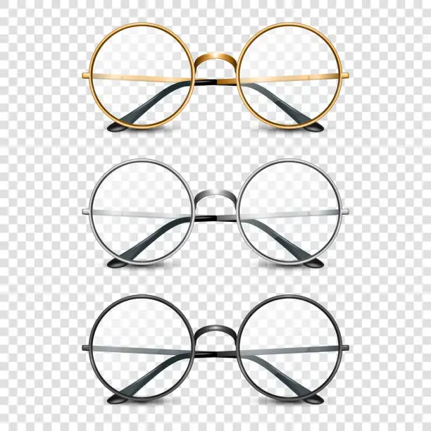 Vector illustration of Vector 3d Realistic Round Golden, Silver, Black Frame Glasses Set isolated, Transparent Sunglasses for Women and Men, Accessory. Optics, Lens, Vintage, Trendy Glasses. Front View