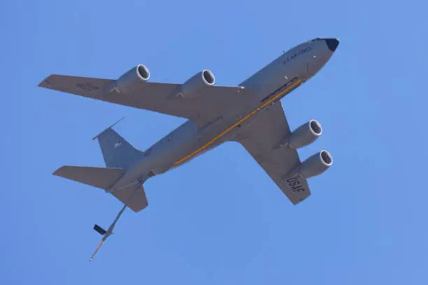 KC-135 Stratotanker tanker aircraft with boom extended