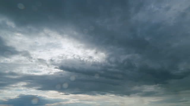 Dramatic sky with gray dark clouds before rain. Powerful cumulus clouds with a dark base. Timelapse.