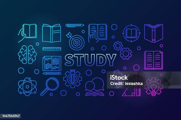 Study Vector Blue Horizontal Illustration In Thin Line Style Stock ...