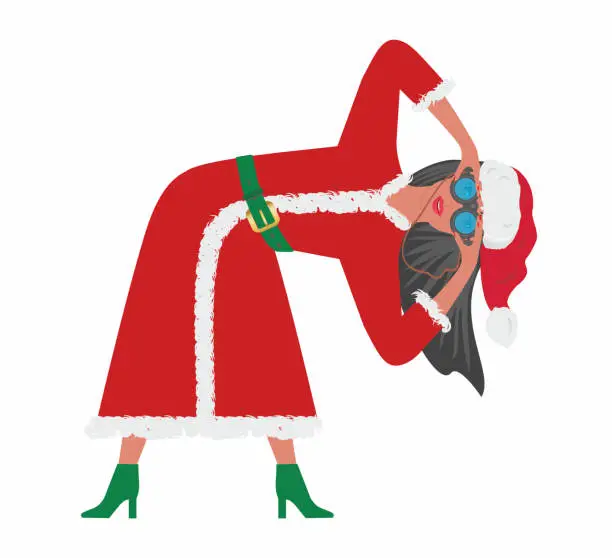 Vector illustration of Woman as Santa looking with binoculars. Trying hard to find what she is looking for. Vector illustration.