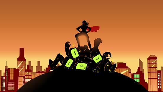 A silhouette style vector illustration of a female superhero  standing on a pile of defeated evil robot on the ground with cityscape in the background. Wide space available for your copy, or put text on the robot's monitor screen.