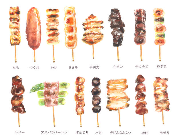 ilustraciones, imágenes clip art, dibujos animados e iconos de stock de ilustración de yakitori pintada por acuarela - spit roasted