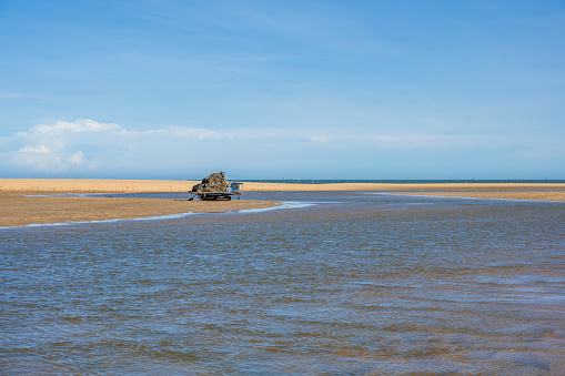 On the blue sky and sea, there was a carrier car on the golden sand beach