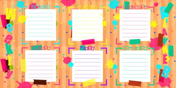 Vector illustration of Weekly, diary, planning concept in retro style. Paper weekly notes on an abstract cardboard background with stickers.