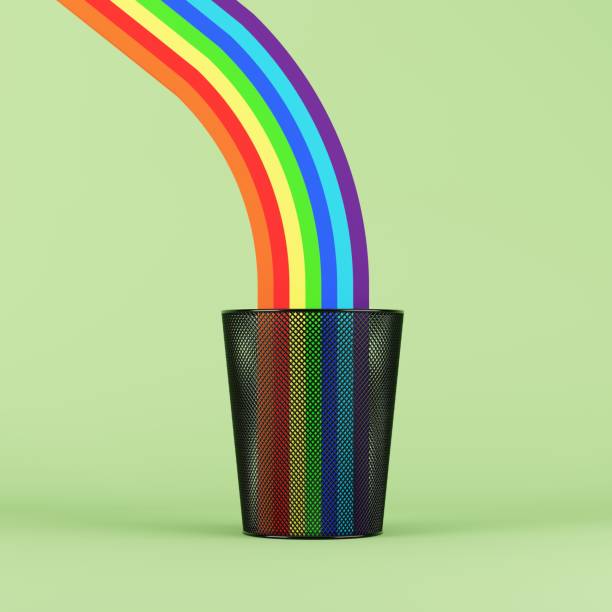istock Rainbow color on Recycle bin  trash on green background. 3D Render. Creative minimal idea concept. 1447549760