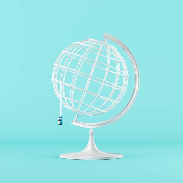 istock Close up Global mock up with cable wires internet network technology creative concept idea. 3D Rendering. 1447549831
