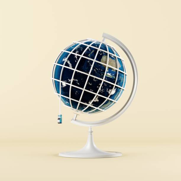 istock Close up Global mock up with cable wires internet network technology creative concept idea. 3D Rendering. 1447549835