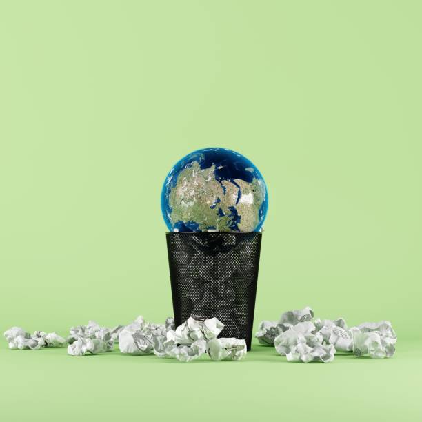 istock Globe Global Earth Stacked on Recycle bin with paper trash on green background. 3D Render. Creative minimal idea concept. (NASA elements) 1447549840