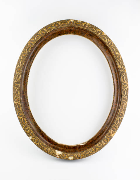 old antique oval wooden picture frame isolated on white background. - picture frame frame ellipse photograph imagens e fotografias de stock