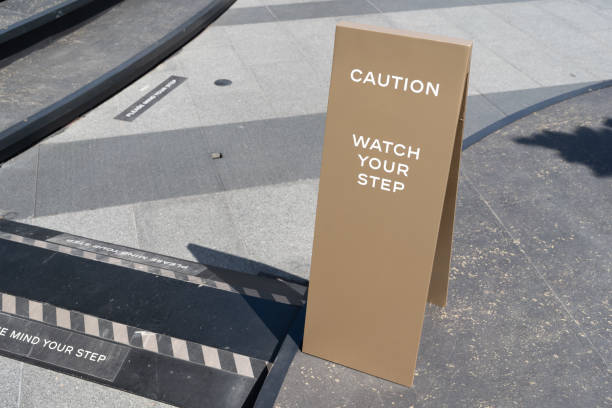 istock watch your step sign on the floor. 1447550535