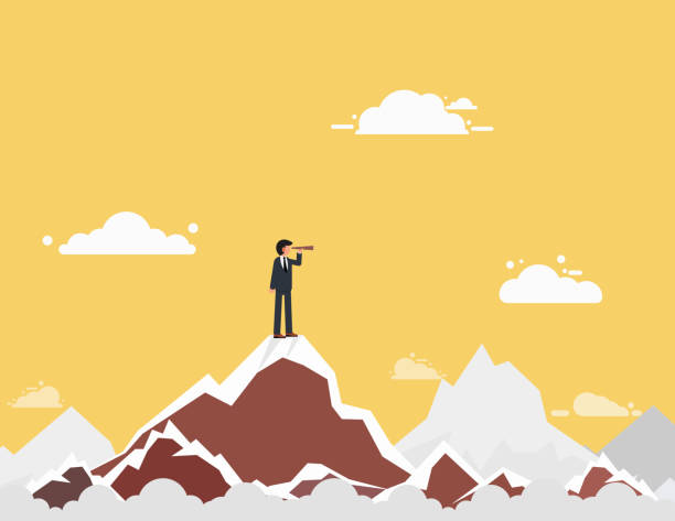 biznesmen trzymający lornetkę na szczycie góry. sukces i możliwości wyszukiwania. - cliff the way forward forecasting mountain peak stock illustrations