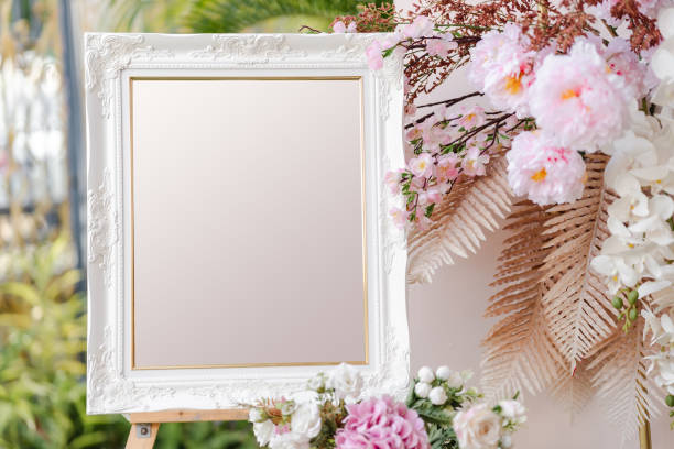 istock Empty photo display board on stand for wedding arch or text advertisement. Clipping path. 1447552139