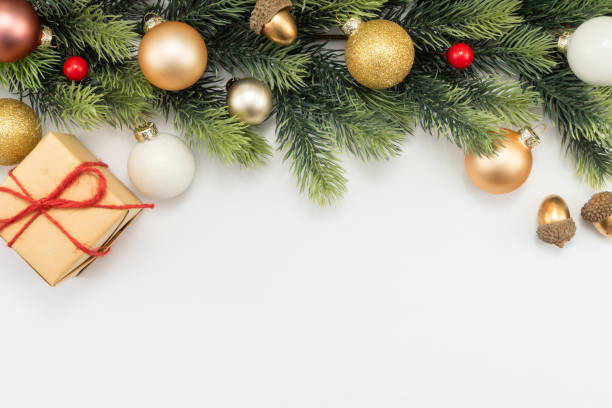 istock Christmas composition. Christmas gifts and decorations on white background. 1447554631