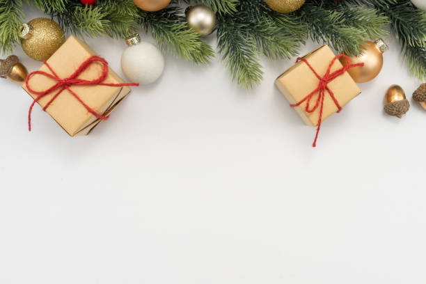 istock Christmas composition. Christmas gifts and decorations on white background. 1447554648