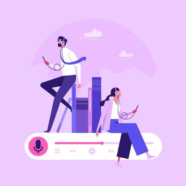 Concept of online podcasting, online radio show, flat vector illustration Man and woman sitting with phone choosing or listening podcasts in mobile app. Audio podcast. Concept of online podcasting, online radio show, flat vector illustration web radio stock illustrations