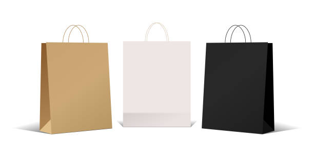 stockillustraties, clipart, cartoons en iconen met mock-up of realistic paper package bag on isolated background. corporate identity blank packaging, empty shopping bag paper mockup. branding packaging template with handles. gift boxing - vector - shopping bags