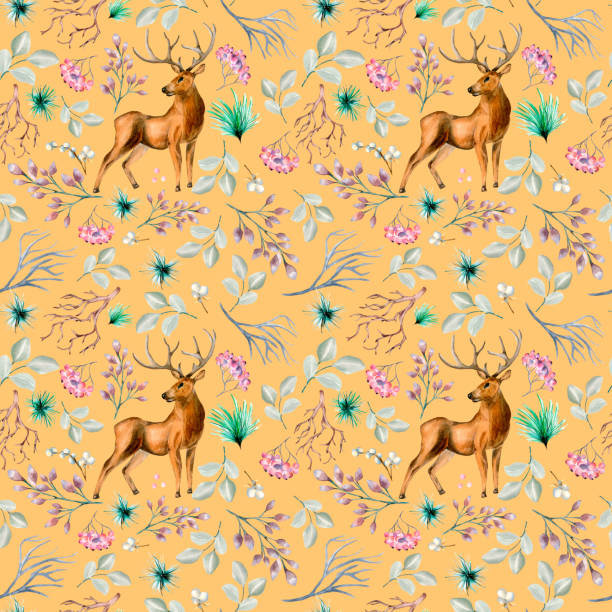 istock Winter plants and deer watercolor seamless pattern isolated on beige. 1447569041