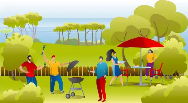 Vector illustration of Barbeque picnic, summer, holidays, vacation and happy people concept, vector illustration. Group of friends making bbq grilled meat.