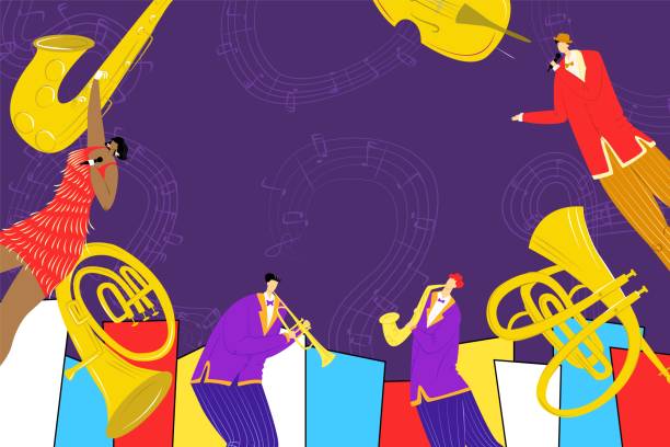 ilustrações de stock, clip art, desenhos animados e ícones de jazz festival with saxophone instrument, jazz singer and saxophonist playing music poster, vector illustration. billbord of musical show. - billbord
