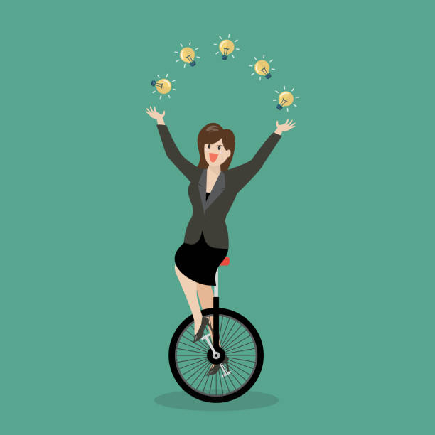 illustrazioni stock, clip art, cartoni animati e icone di tendenza di donna d'affari che si destreggia tra la lampadina sul monociclo - unicycle cycling balance businessman