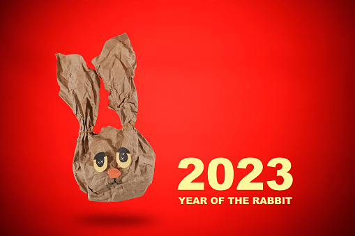 Happy Japanese new year greeting card. 2023 Rabbit zodiac with copy space.