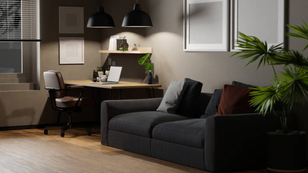 istock Modern apartment living room with workstation interior design with comfortable sofa and decor 1447578184