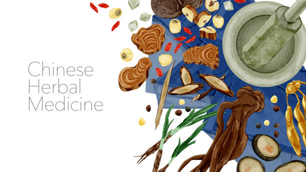 illustrazioni stock, clip art, cartoni animati e icone di tendenza di illustrazione in stile acquerello disegnata a mano della medicina cinese su un tavolo. - traditional chinese medicine