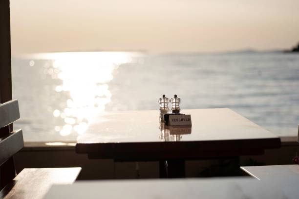 A view of the reserved table in a seaside restaurant