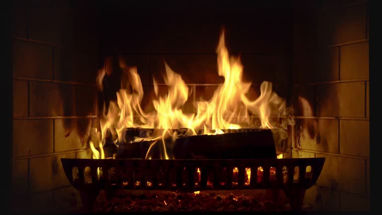 Closeup of the fire burning in the fireplace