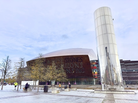 Cardiff, United Kingdom – October 22, 2022: An aerial view of Wales Millennium Centre is a theatre in the small city of Cardiff