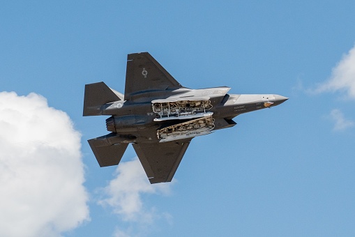Layton, United States – June 25, 2022: An Air Force F-35 from a demonstration team performs aerobatics at Hill AFB