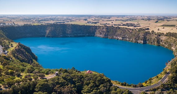 An aerial view of Blue Lake with a blue sky in the background in Australia