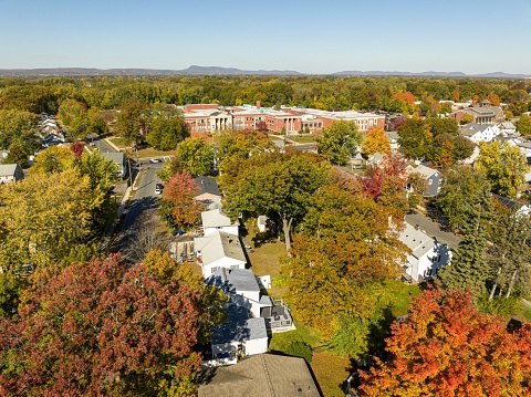 An aerial view of Van Sickle Middle School in Springfield, Massachusetts in sunlight